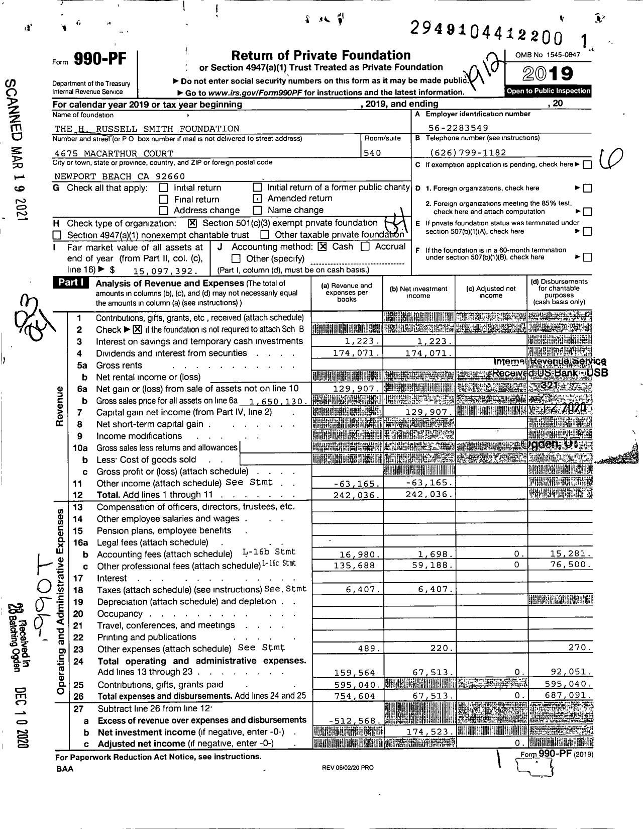 Image of first page of 2019 Form 990PF for H. Russell Smith Foundation