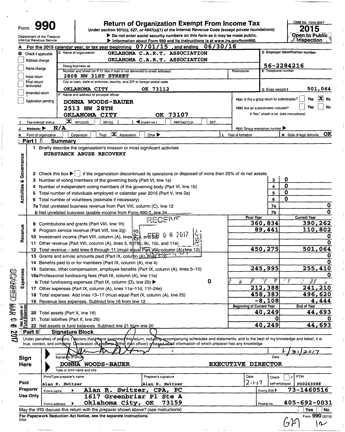 Image of first page of 2015 Form 990 for Oklahoma Cart Association