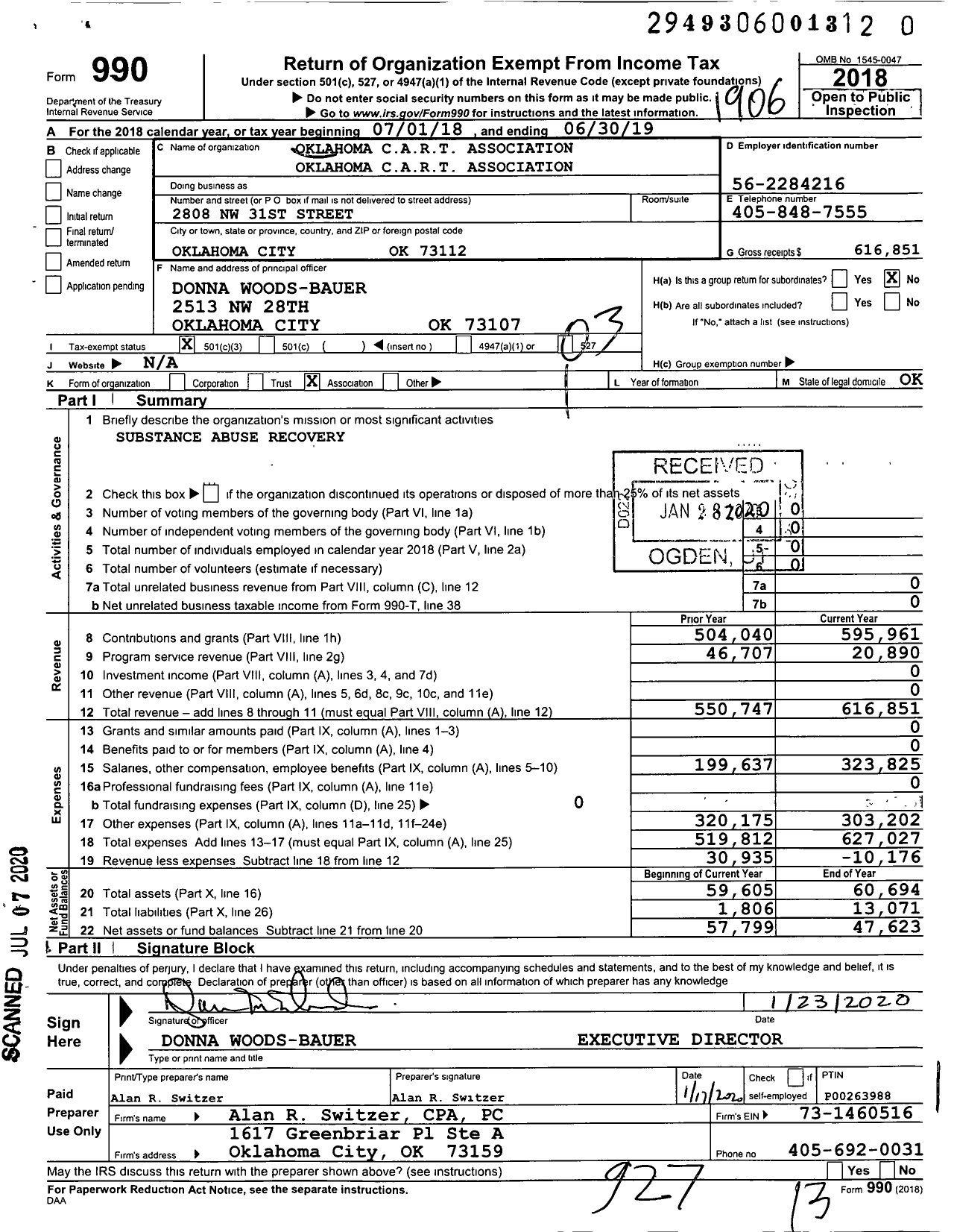Image of first page of 2018 Form 990 for Oklahoma Cart Association