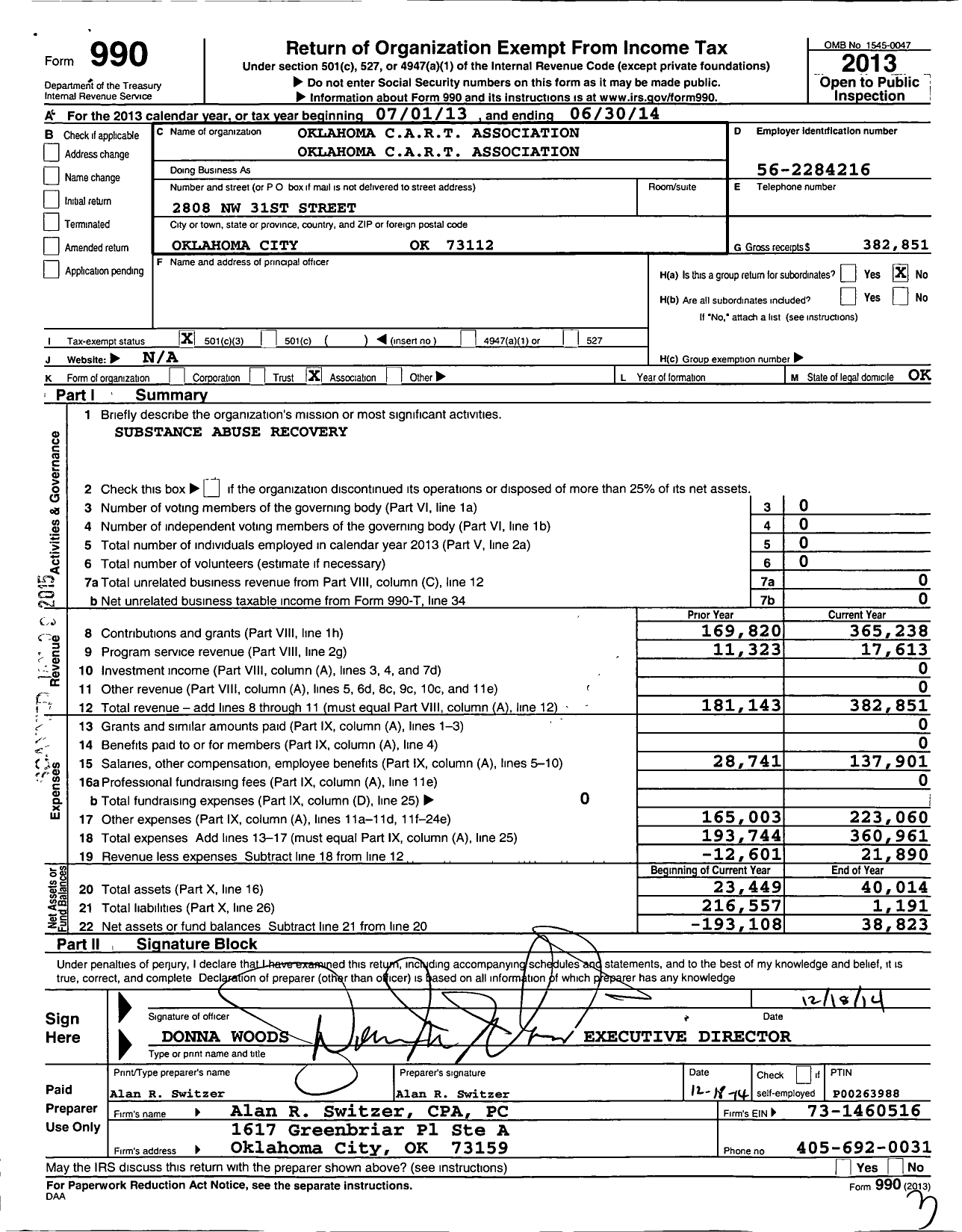 Image of first page of 2013 Form 990 for Oklahoma Cart Association