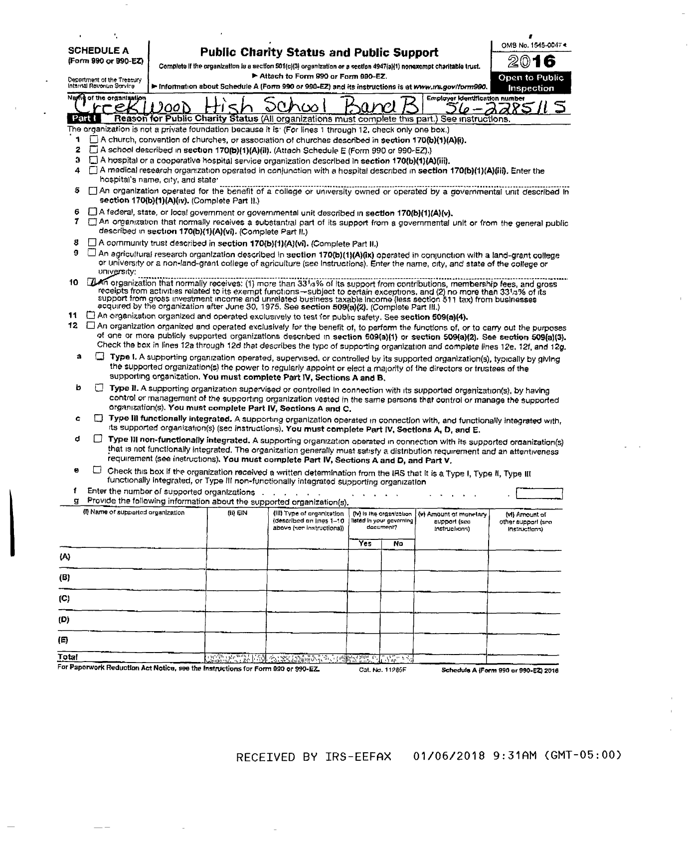 Image of first page of 2016 Form 990ER for Creek Wood High School Band Boosters