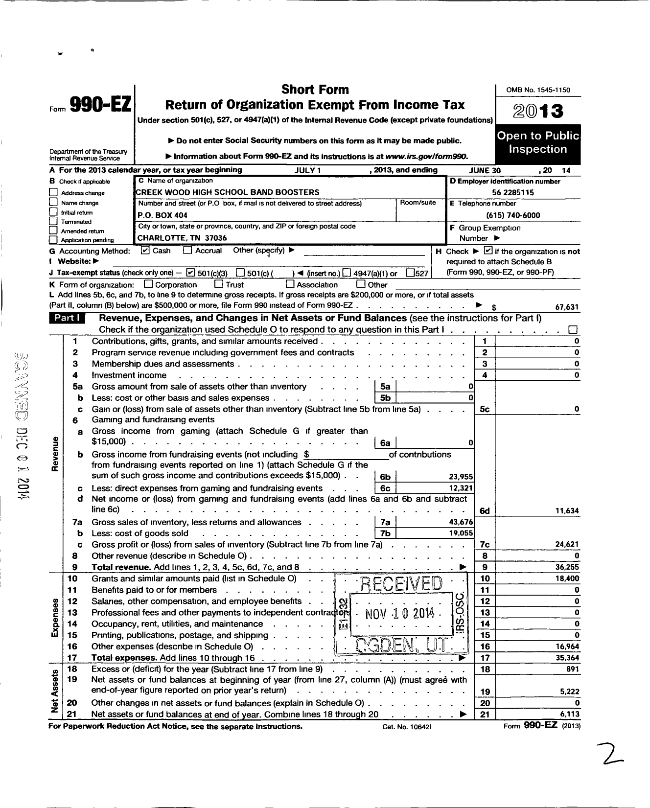 Image of first page of 2013 Form 990EZ for Creek Wood High School Band Boosters