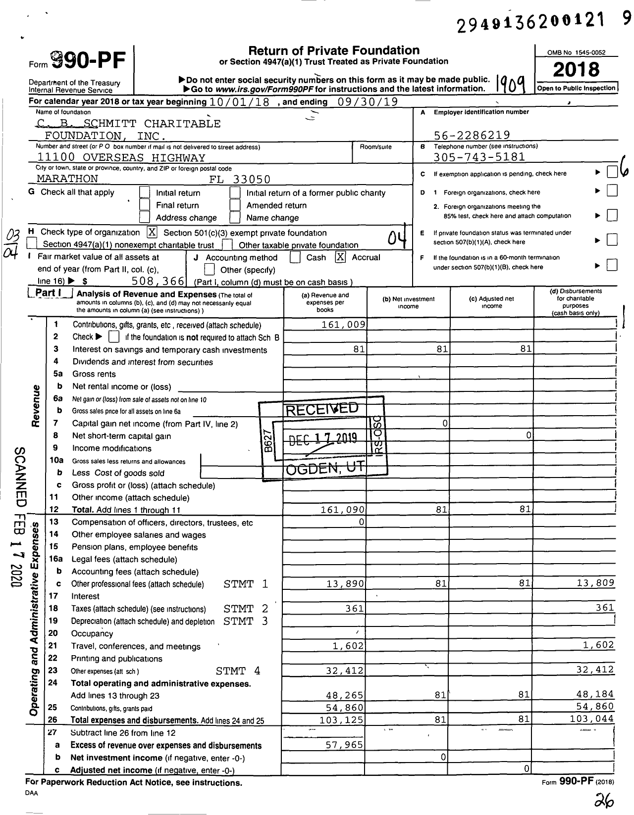 Image of first page of 2018 Form 990PF for C B Schmitt Charitable Foundation