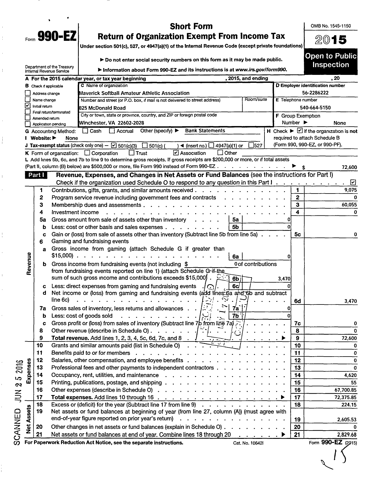 Image of first page of 2015 Form 990EZ for Maverick Softball