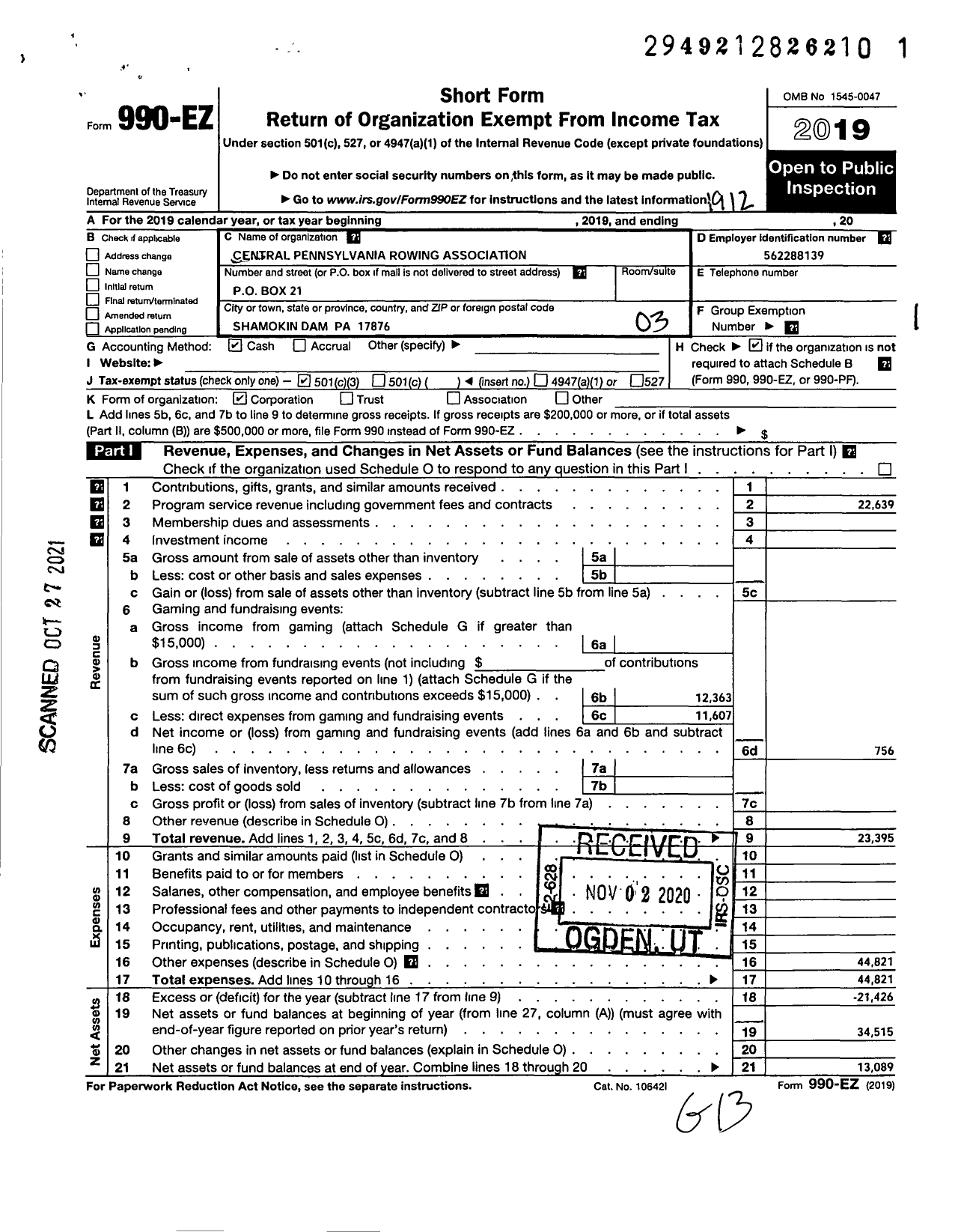 Image of first page of 2019 Form 990EZ for Central Pennsylvania Rowing Association