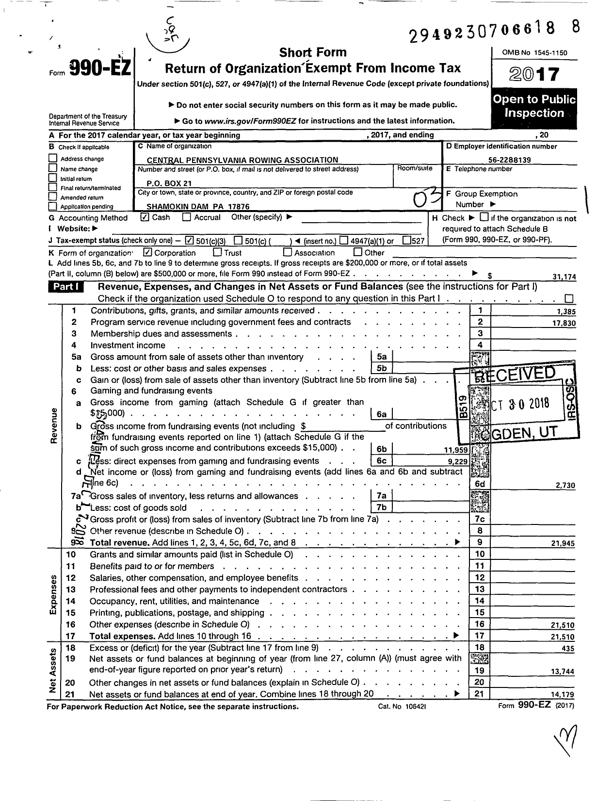 Image of first page of 2017 Form 990EZ for Central Pennsylvania Rowing Association