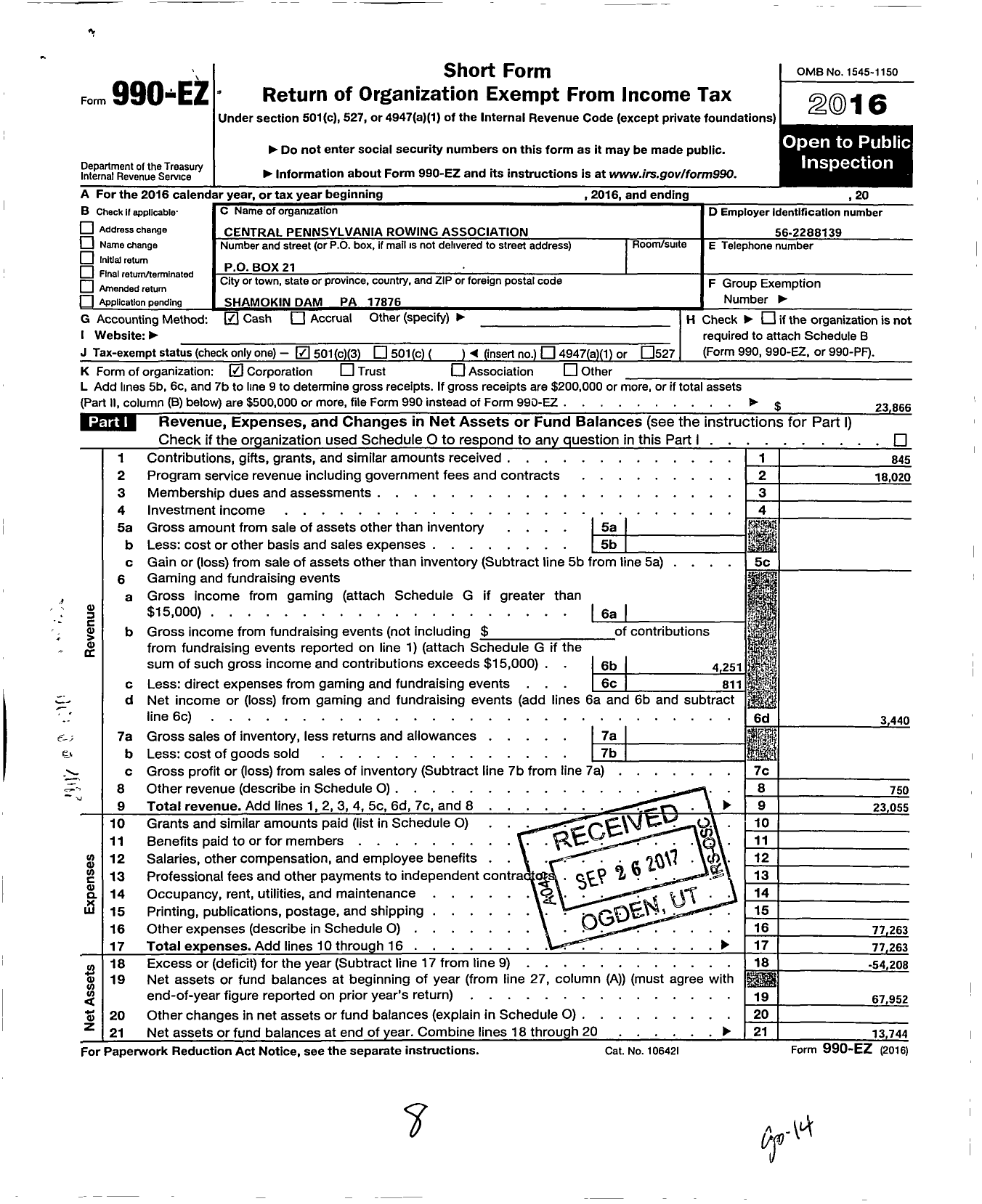 Image of first page of 2016 Form 990EZ for Central Pennsylvania Rowing Association