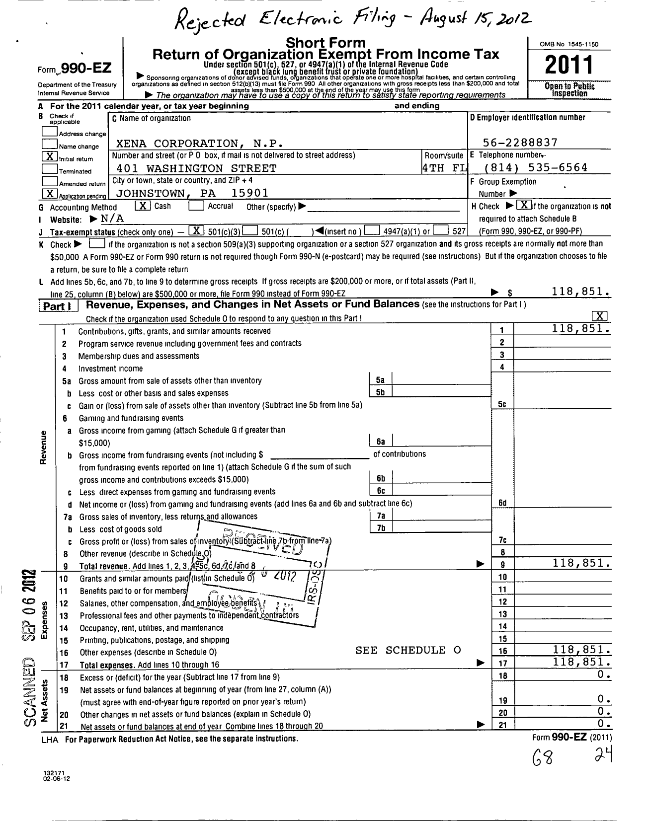 Image of first page of 2011 Form 990EZ for Xena Corporation N P