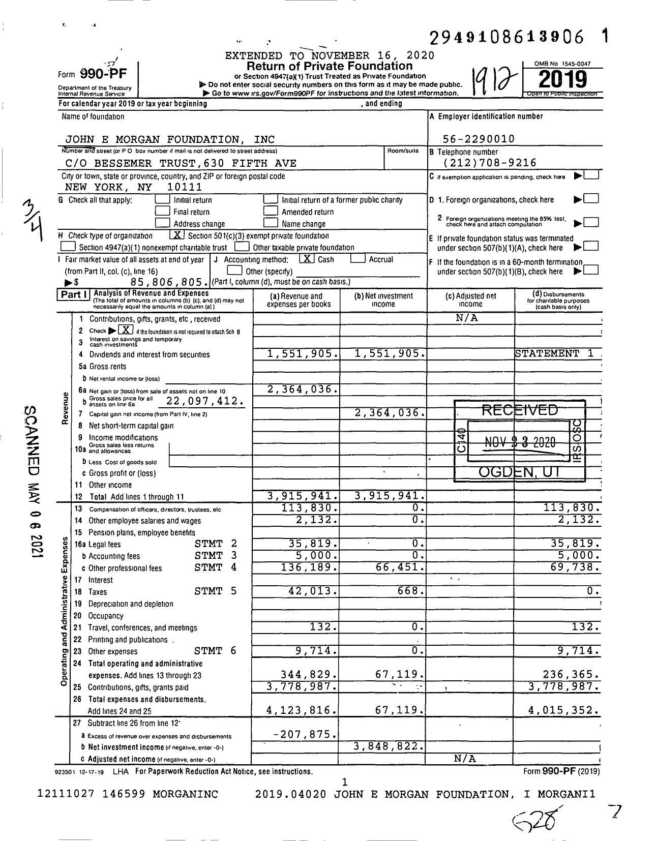 Image of first page of 2019 Form 990PF for John E Morgan Foundation