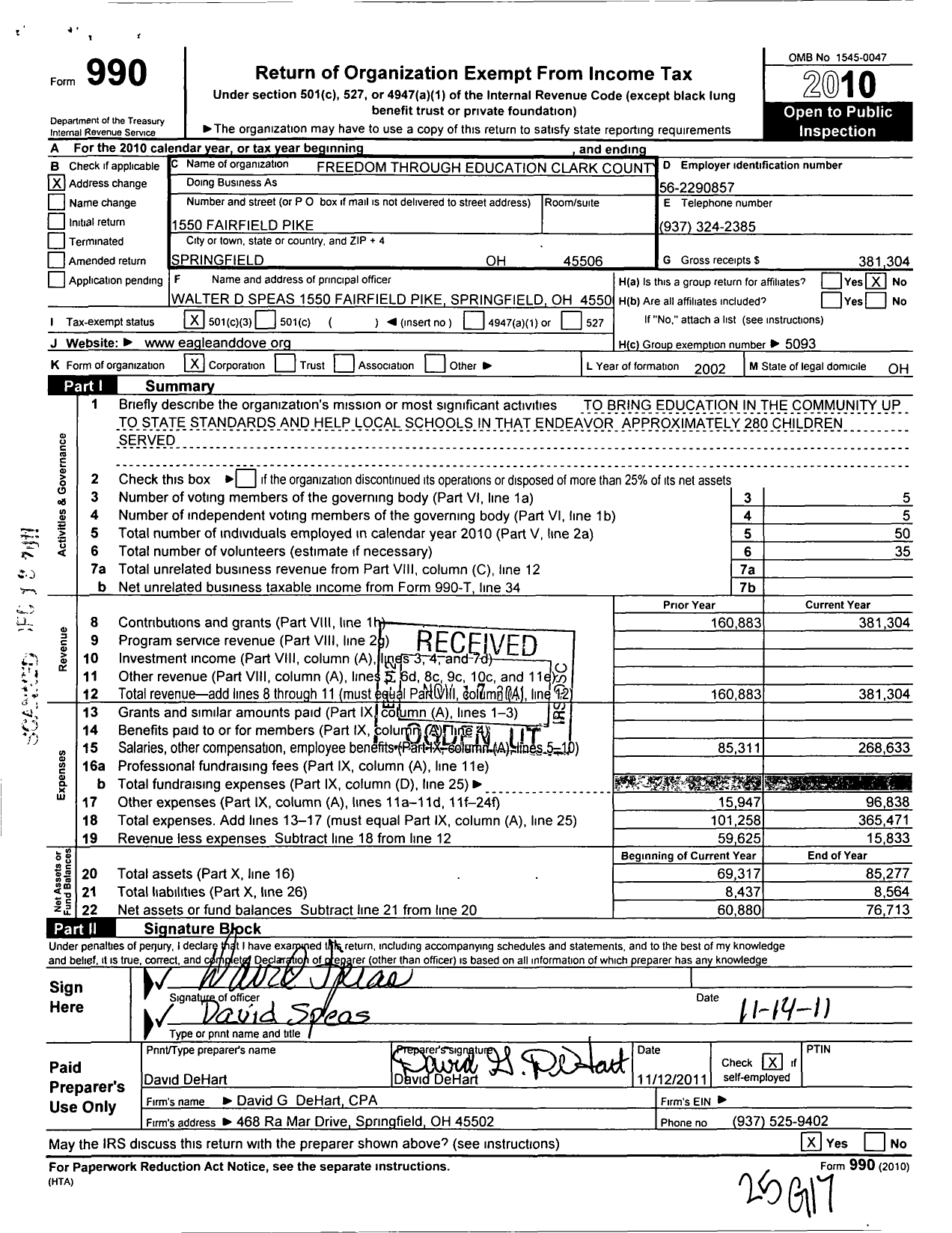 Image of first page of 2010 Form 990 for Freedom Through Education Clark County