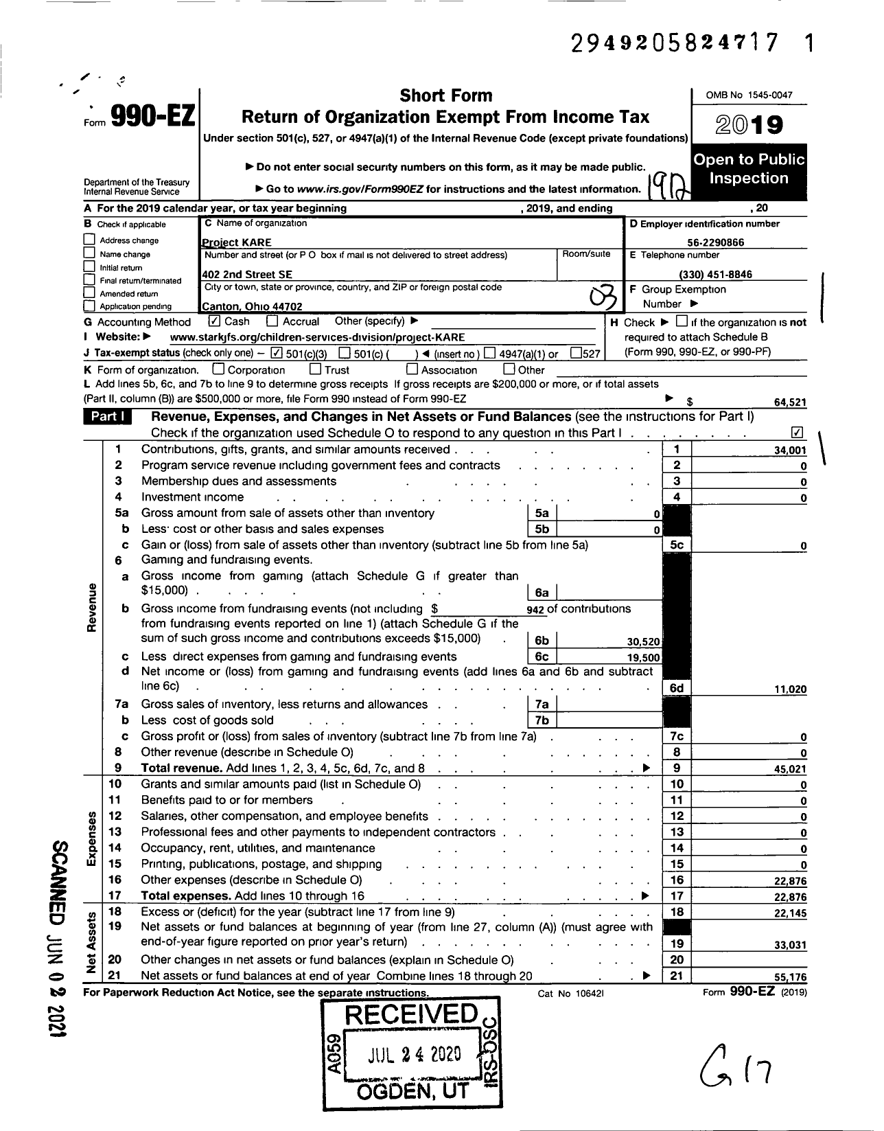 Image of first page of 2019 Form 990EZ for Project Kare