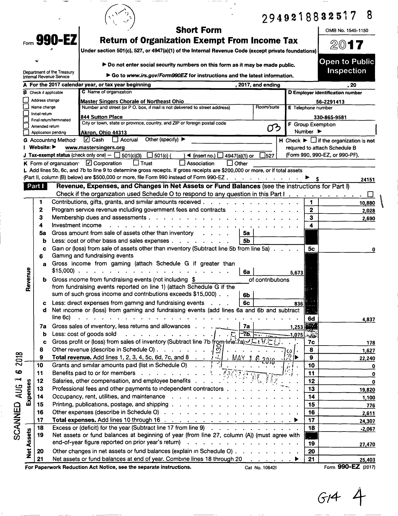 Image of first page of 2017 Form 990EZ for Master Singers Chorale of Northeast Ohio