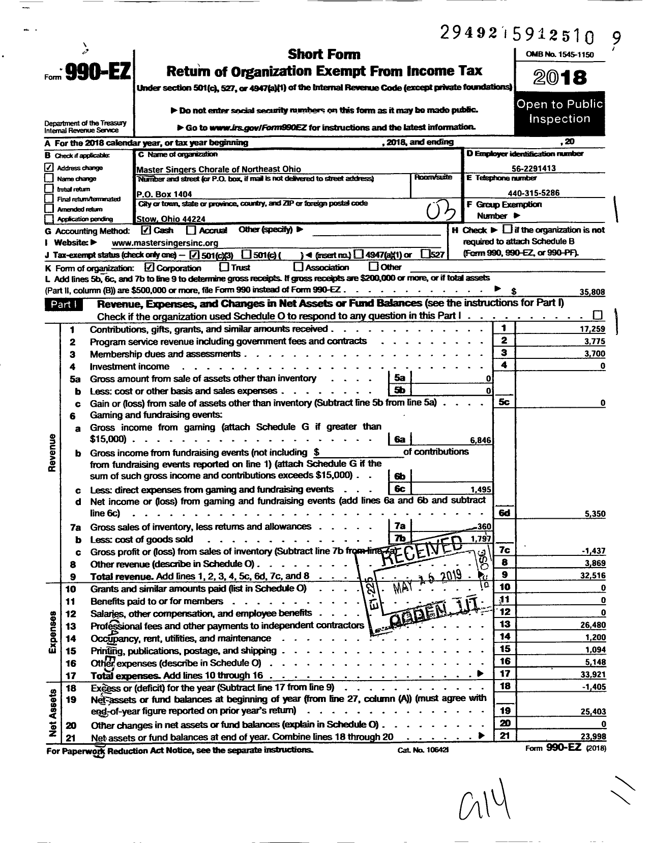 Image of first page of 2018 Form 990EZ for Master Singers Chorale of Northeast Ohio