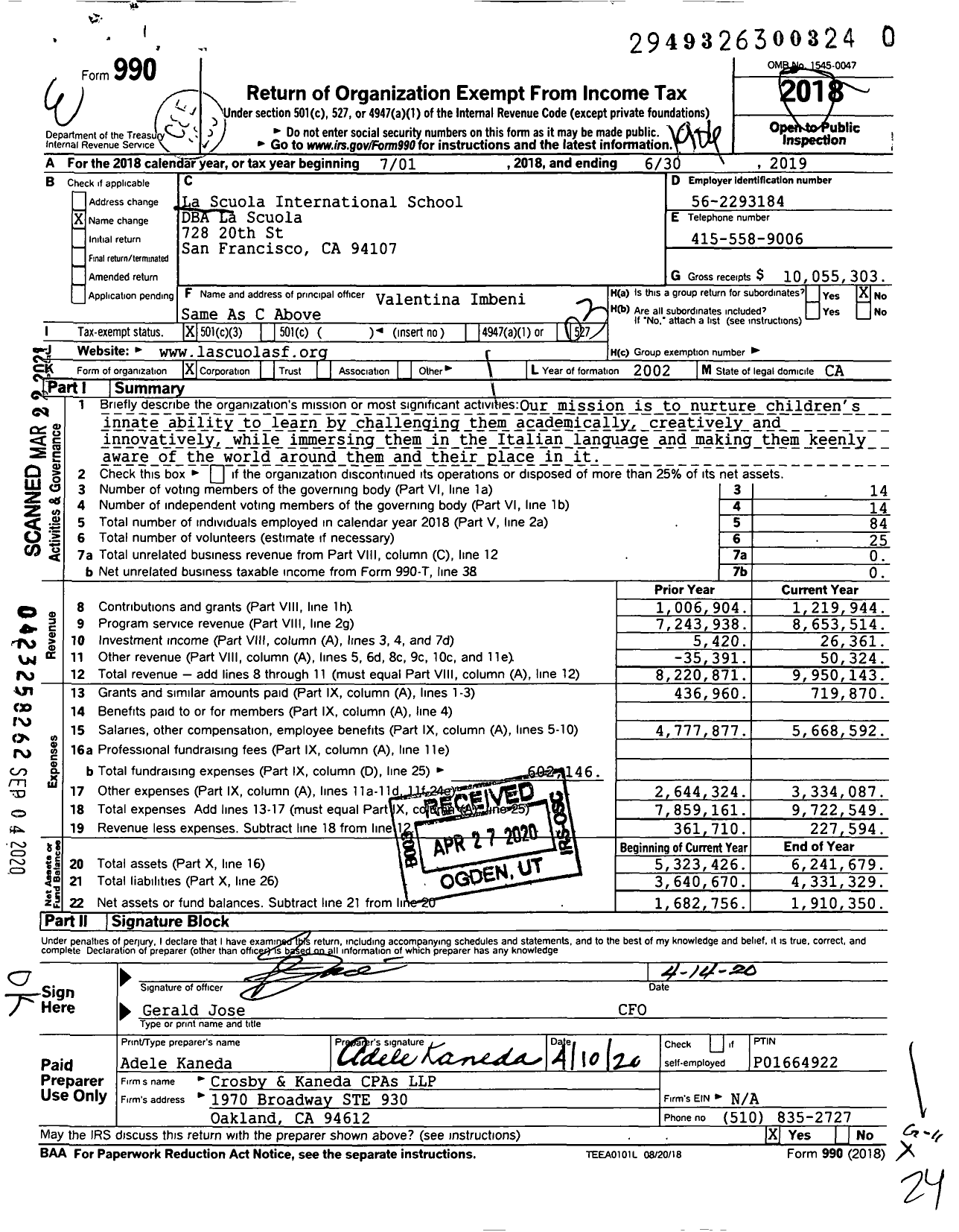 Image of first page of 2018 Form 990 for La Scuola