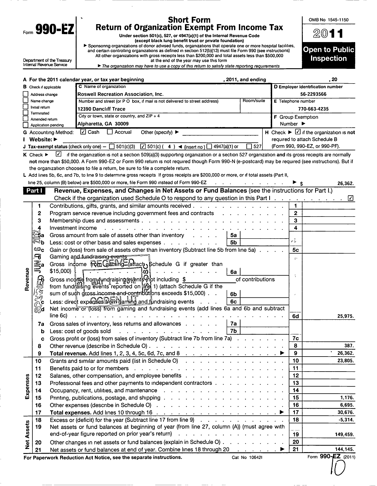 Image of first page of 2011 Form 990EO for Roswell Recreation Association