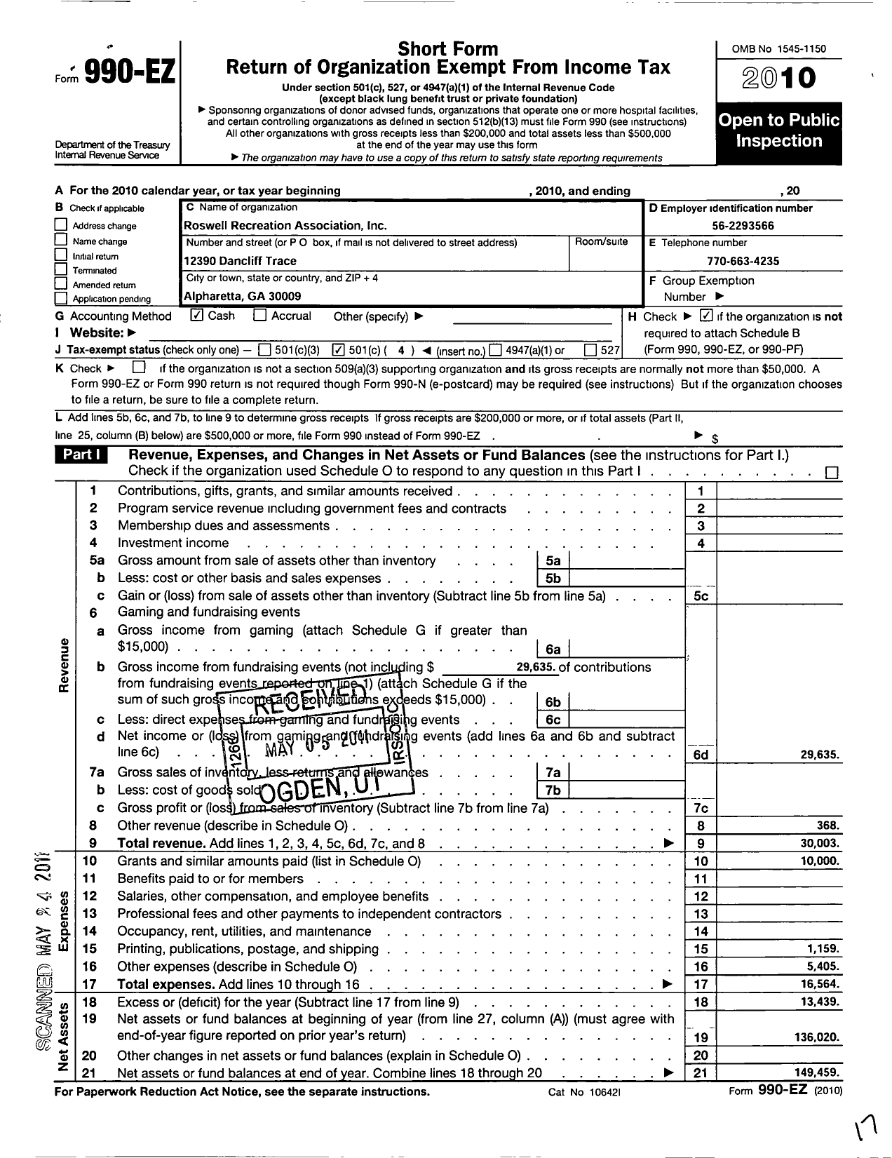 Image of first page of 2010 Form 990EO for Roswell Recreation Association