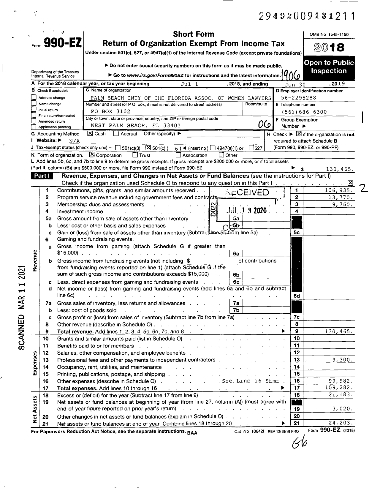 Image of first page of 2018 Form 990EO for Palm Beach County Florida Association of Women Lawyers