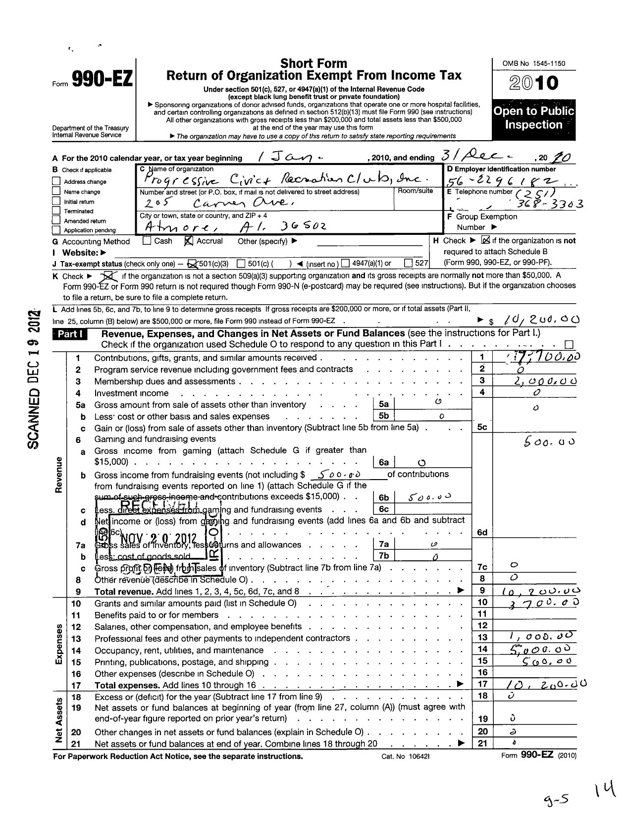 Image of first page of 2010 Form 990EZ for Progressive Civic and Recreational Club