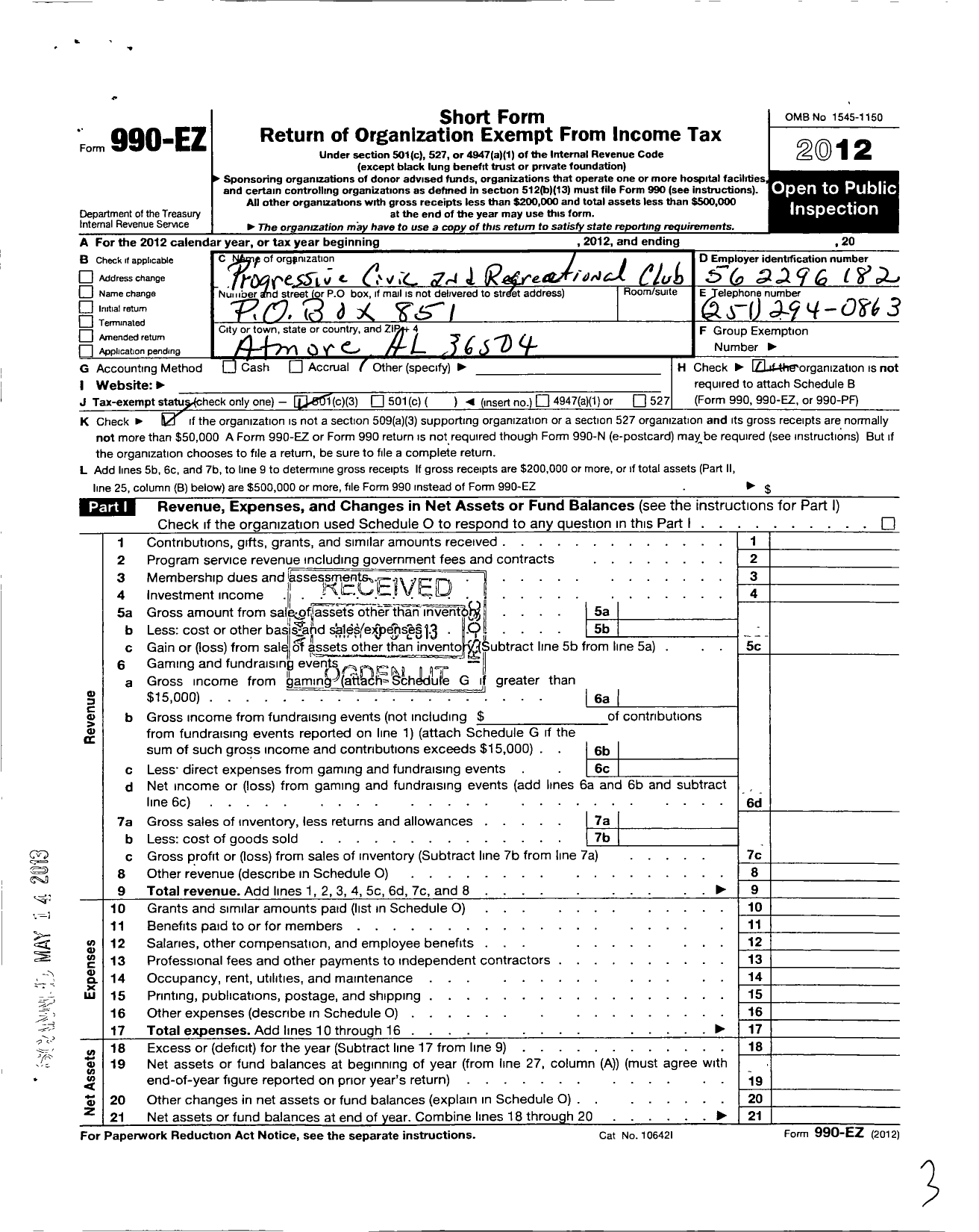 Image of first page of 2012 Form 990EZ for Progressive Civic and Recreational Club