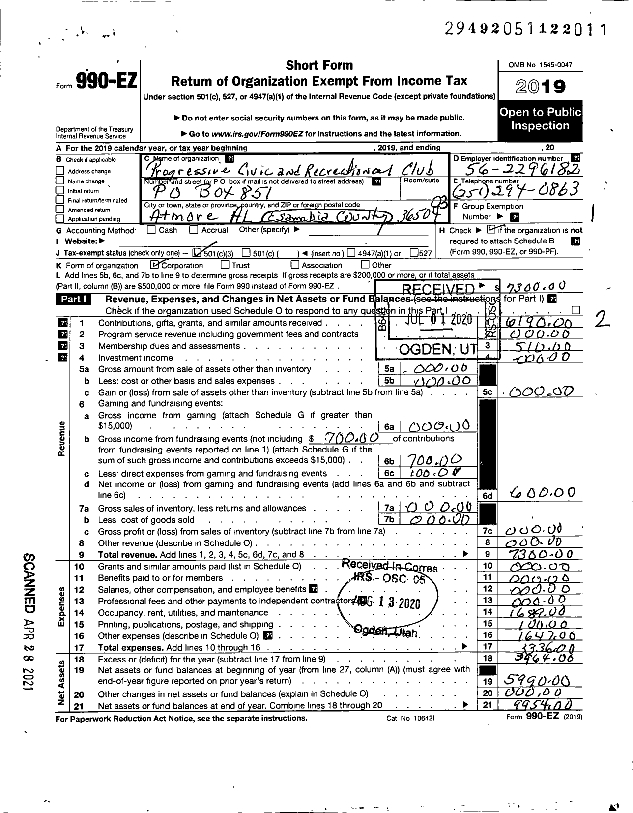 Image of first page of 2019 Form 990EZ for Progressive Civic and Recreational Club