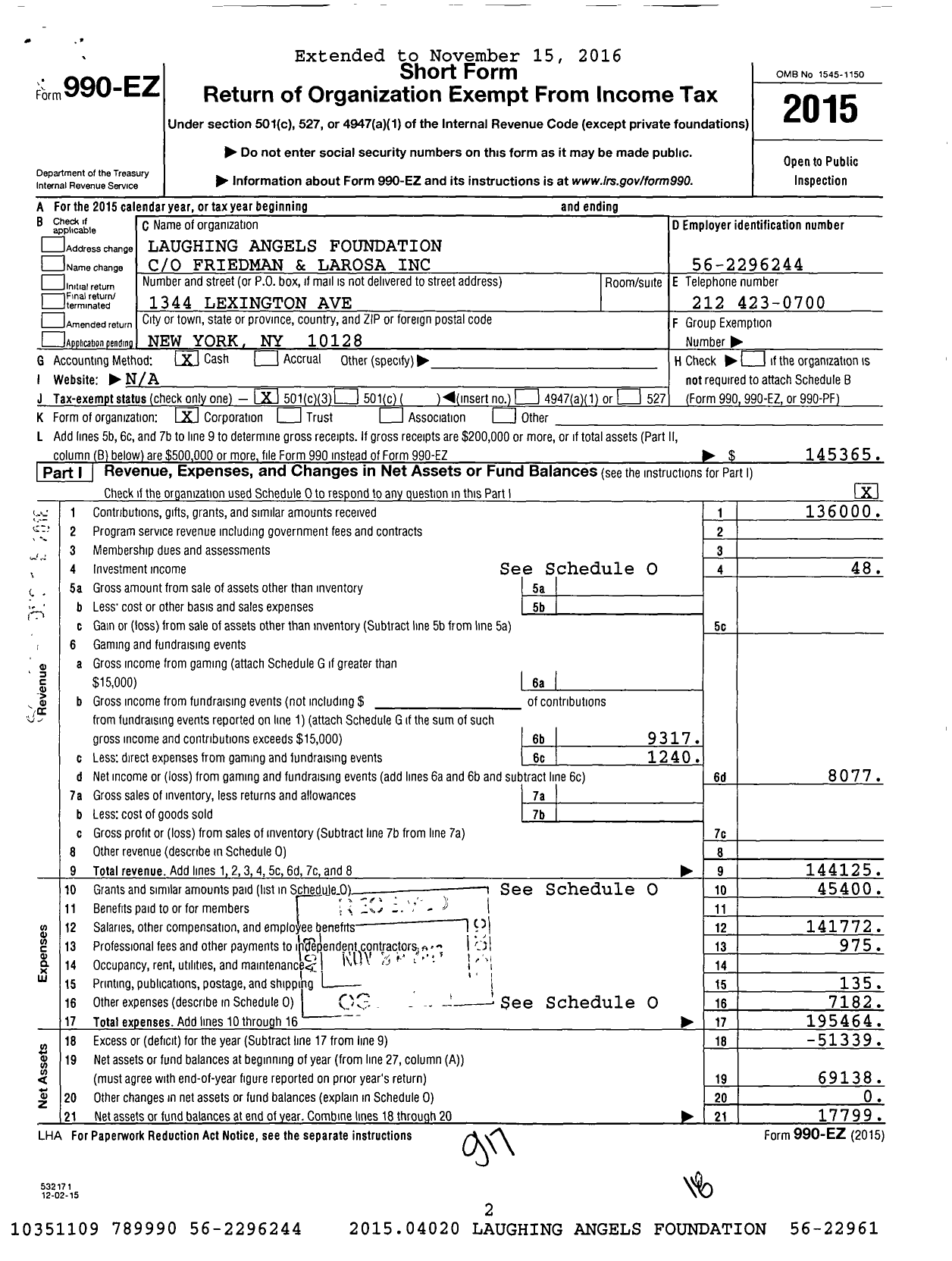 Image of first page of 2015 Form 990EZ for Laughing Angels Foundation