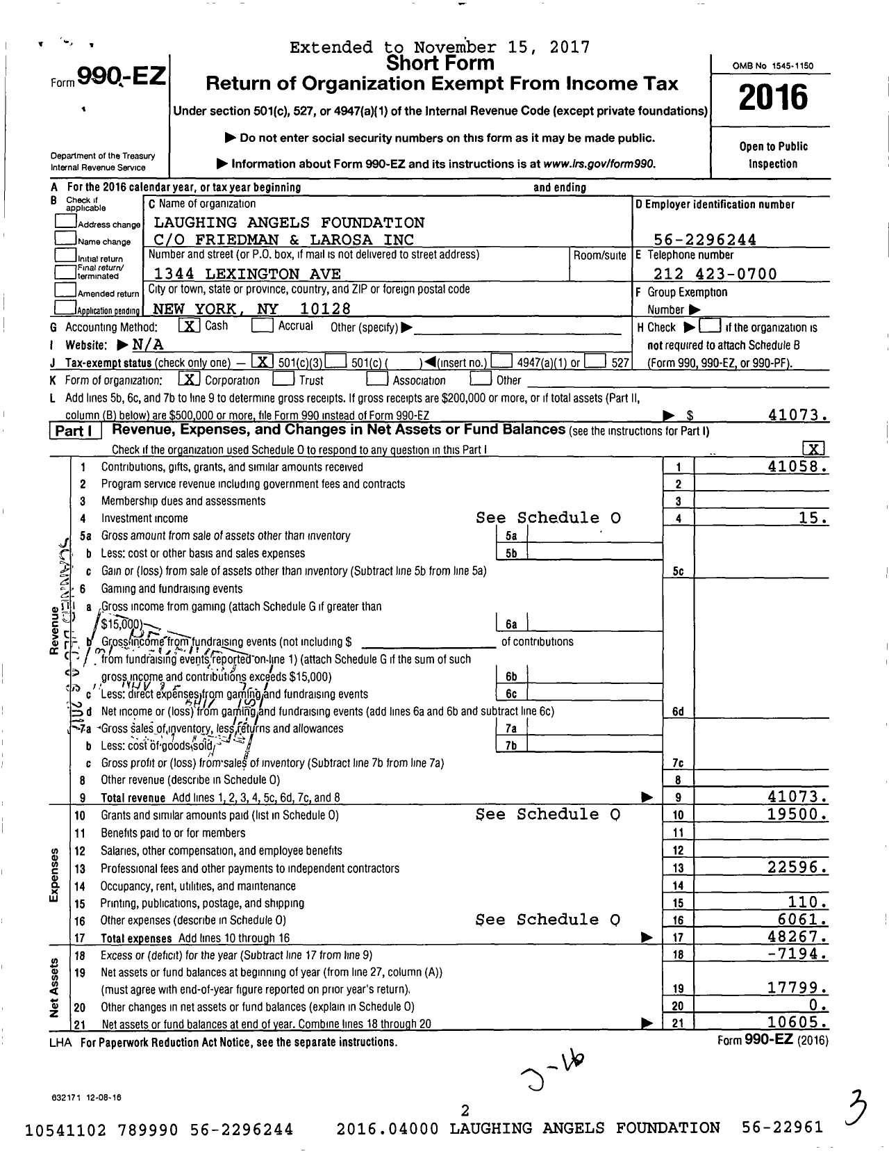 Image of first page of 2016 Form 990EZ for Laughing Angels Foundation