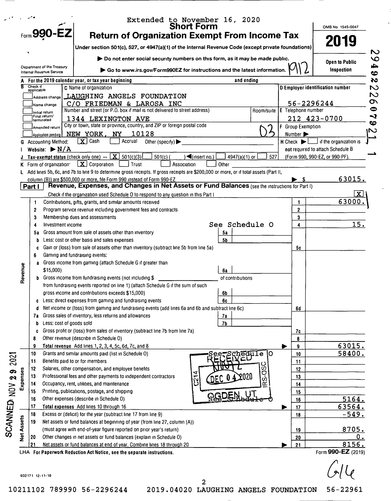 Image of first page of 2019 Form 990EZ for Laughing Angels Foundation