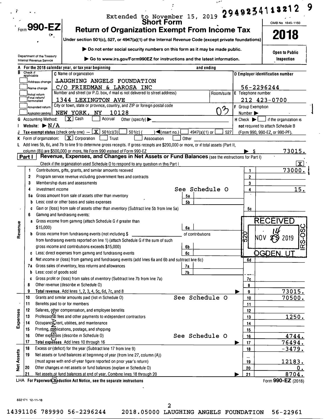 Image of first page of 2018 Form 990EZ for Laughing Angels Foundation