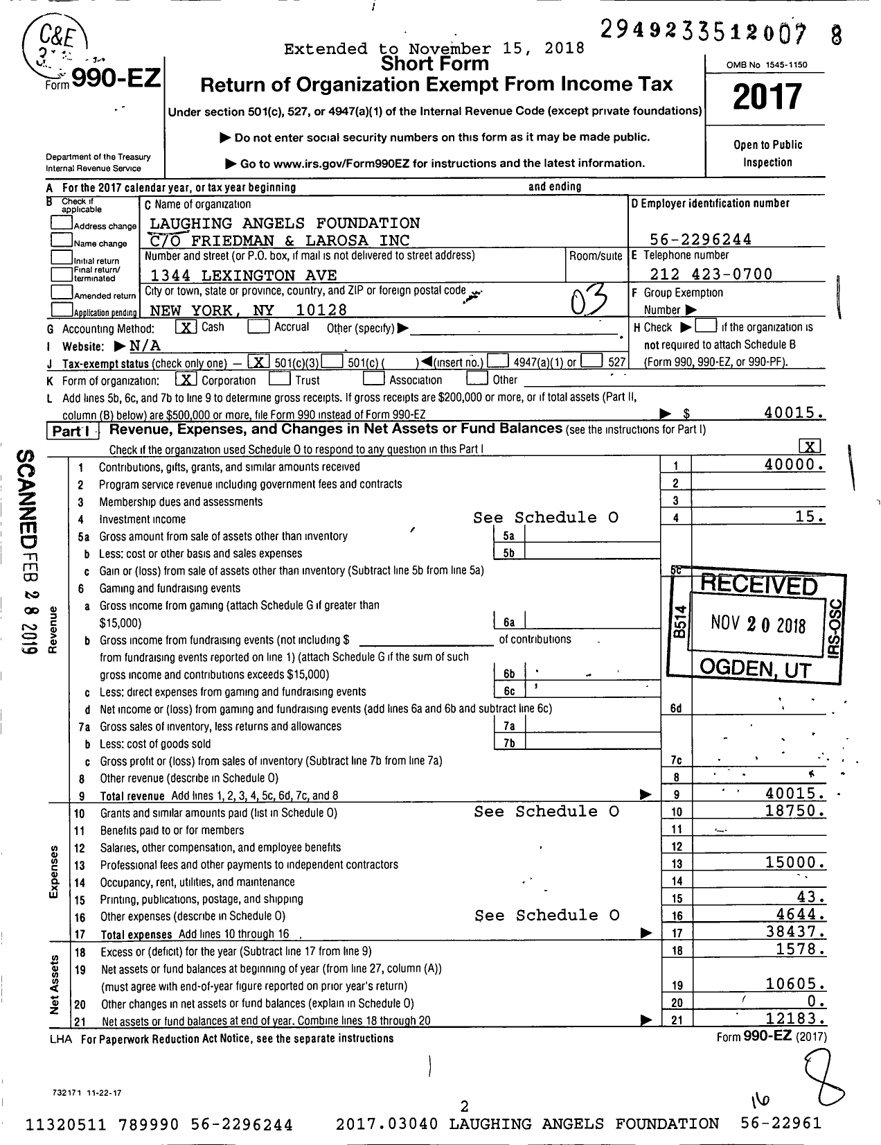 Image of first page of 2017 Form 990EZ for Laughing Angels Foundation