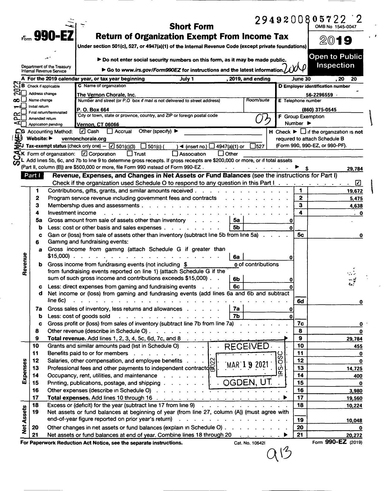 Image of first page of 2019 Form 990EZ for The Vernon Chorale