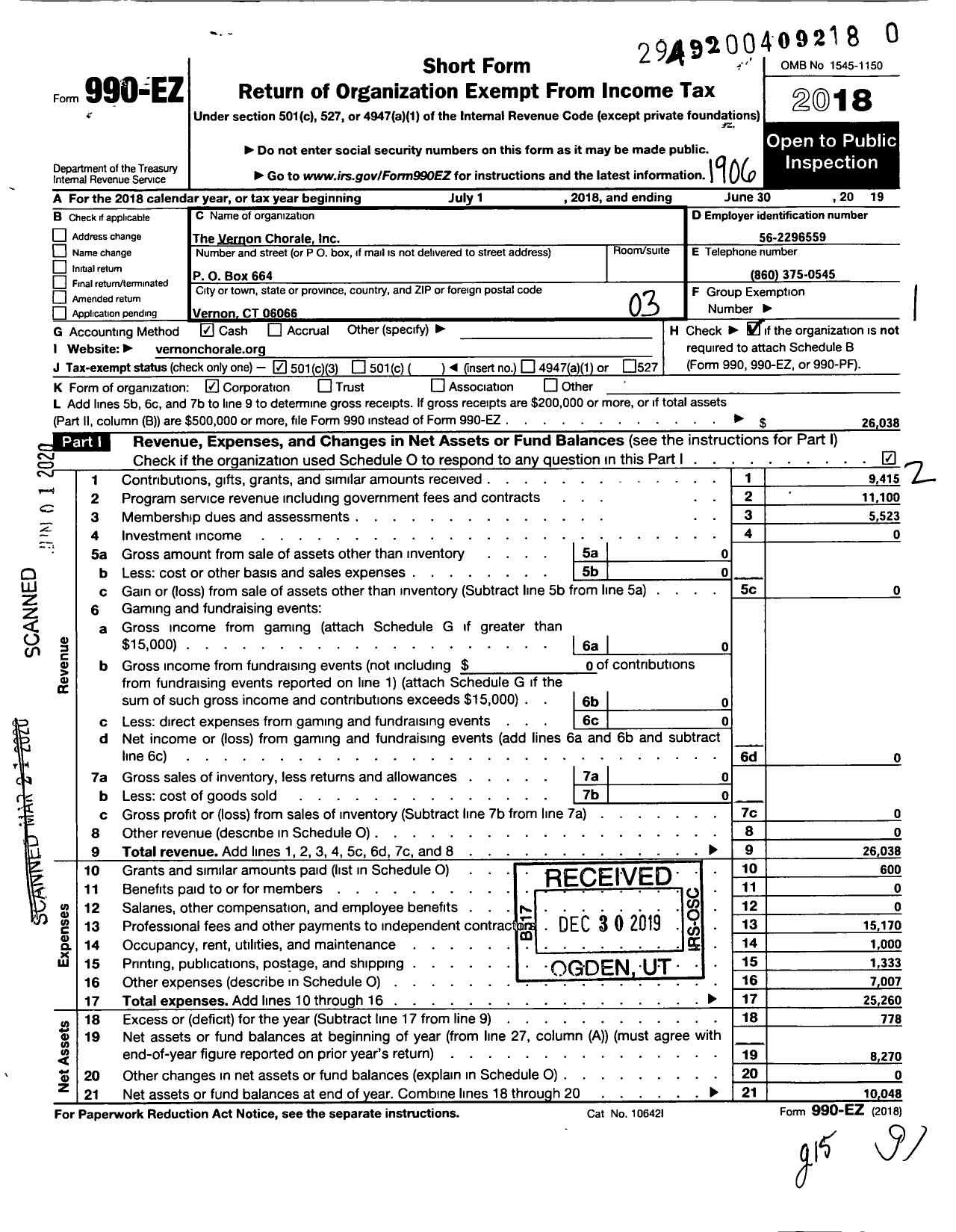 Image of first page of 2018 Form 990EZ for The Vernon Chorale