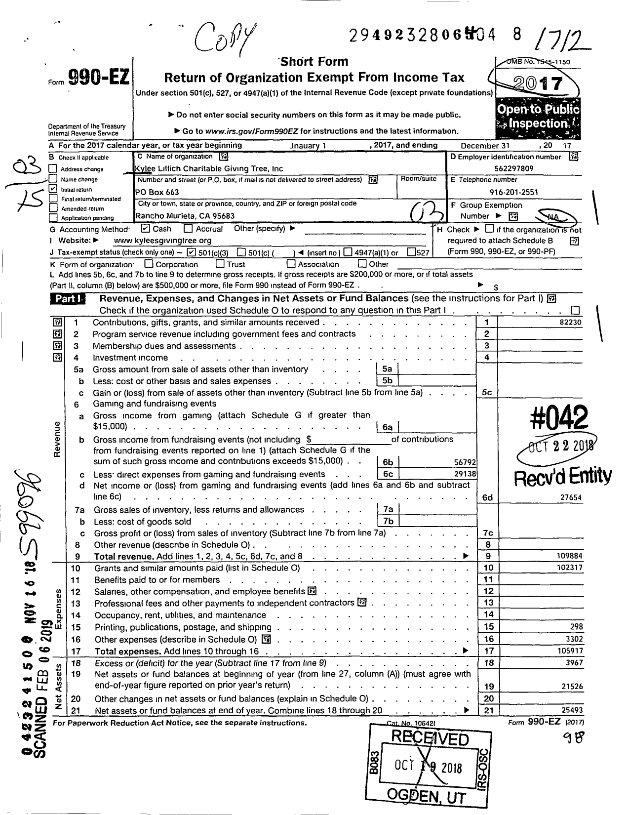 Image of first page of 2017 Form 990EZ for Kylee Lillich Charitable Giving Tree