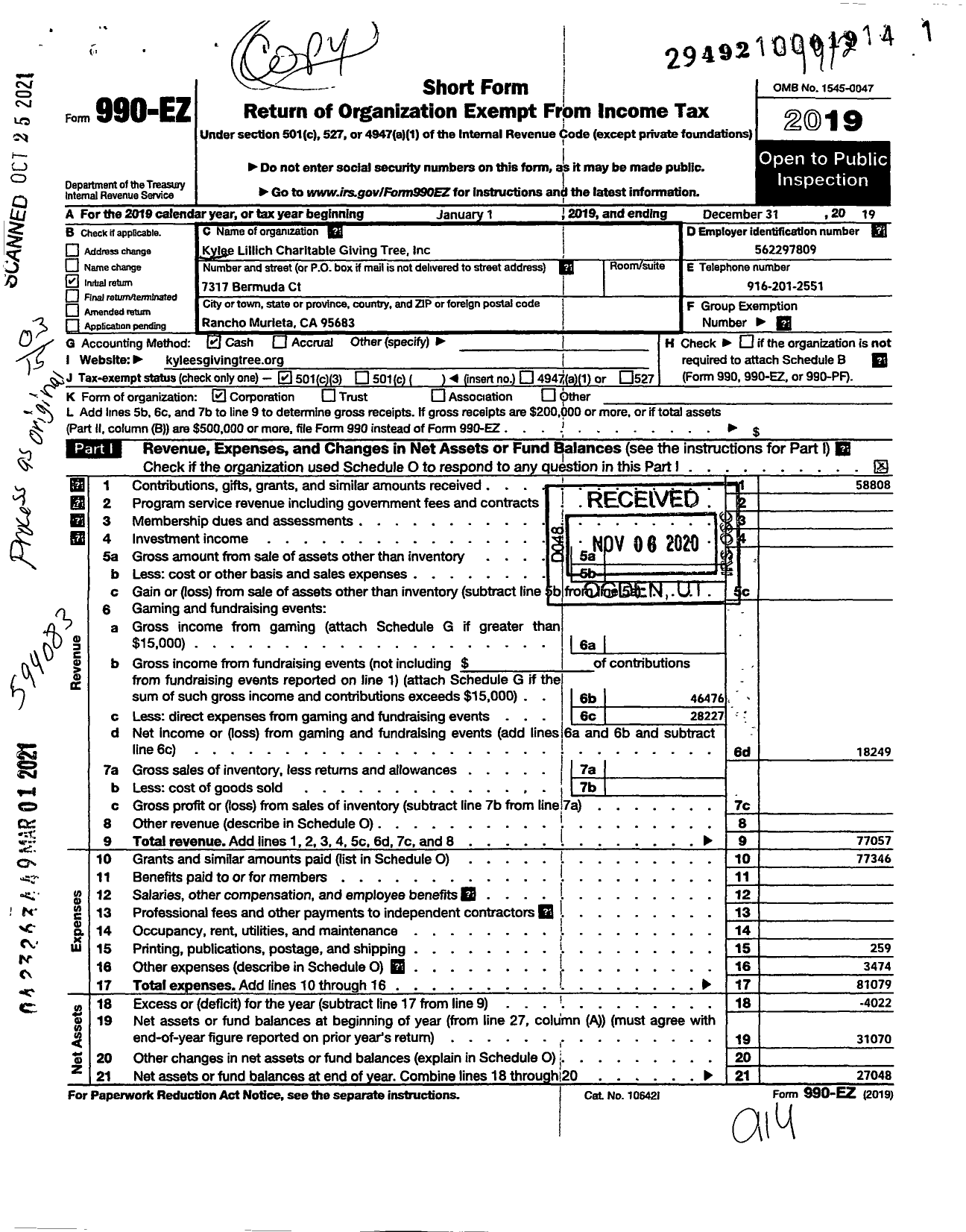 Image of first page of 2019 Form 990EZ for Kylee Lillich Charitable Giving Tree