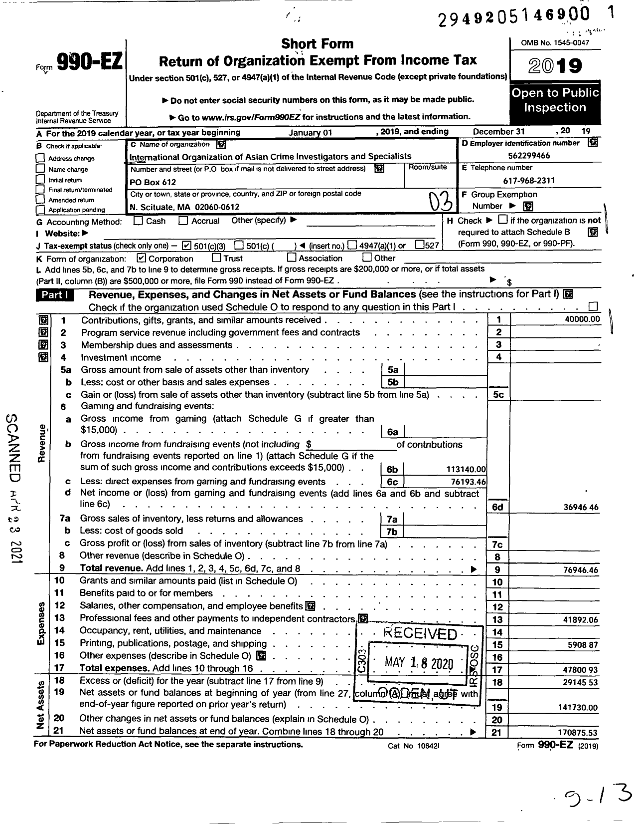 Image of first page of 2019 Form 990EZ for International Organization of Asian Crime Investigators and Specialists