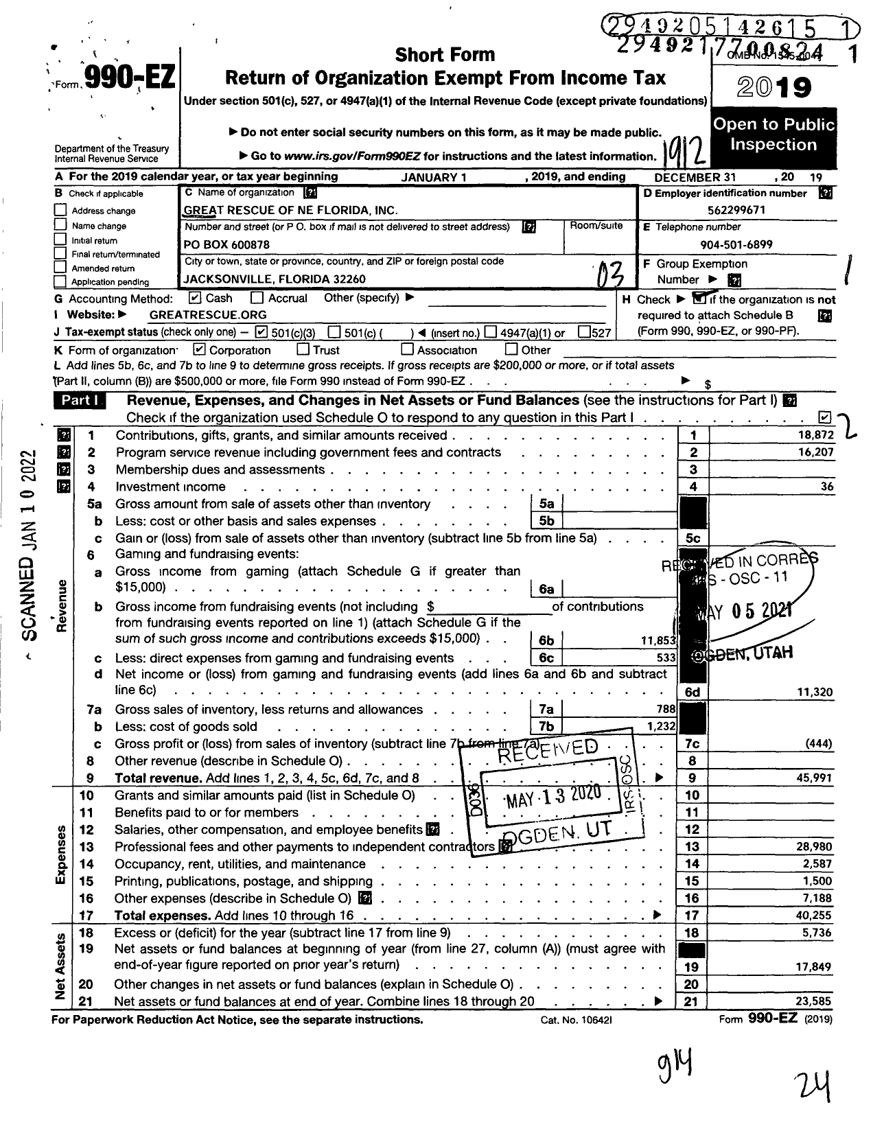 Image of first page of 2019 Form 990EZ for Great Rescue of Ne Florida