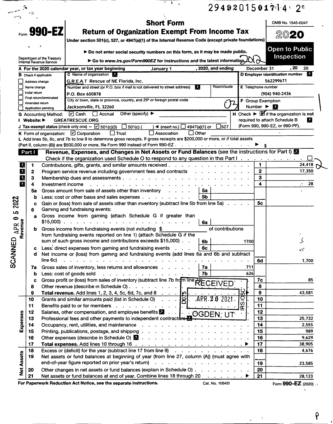 Image of first page of 2020 Form 990EZ for Great Rescue of Ne Florida