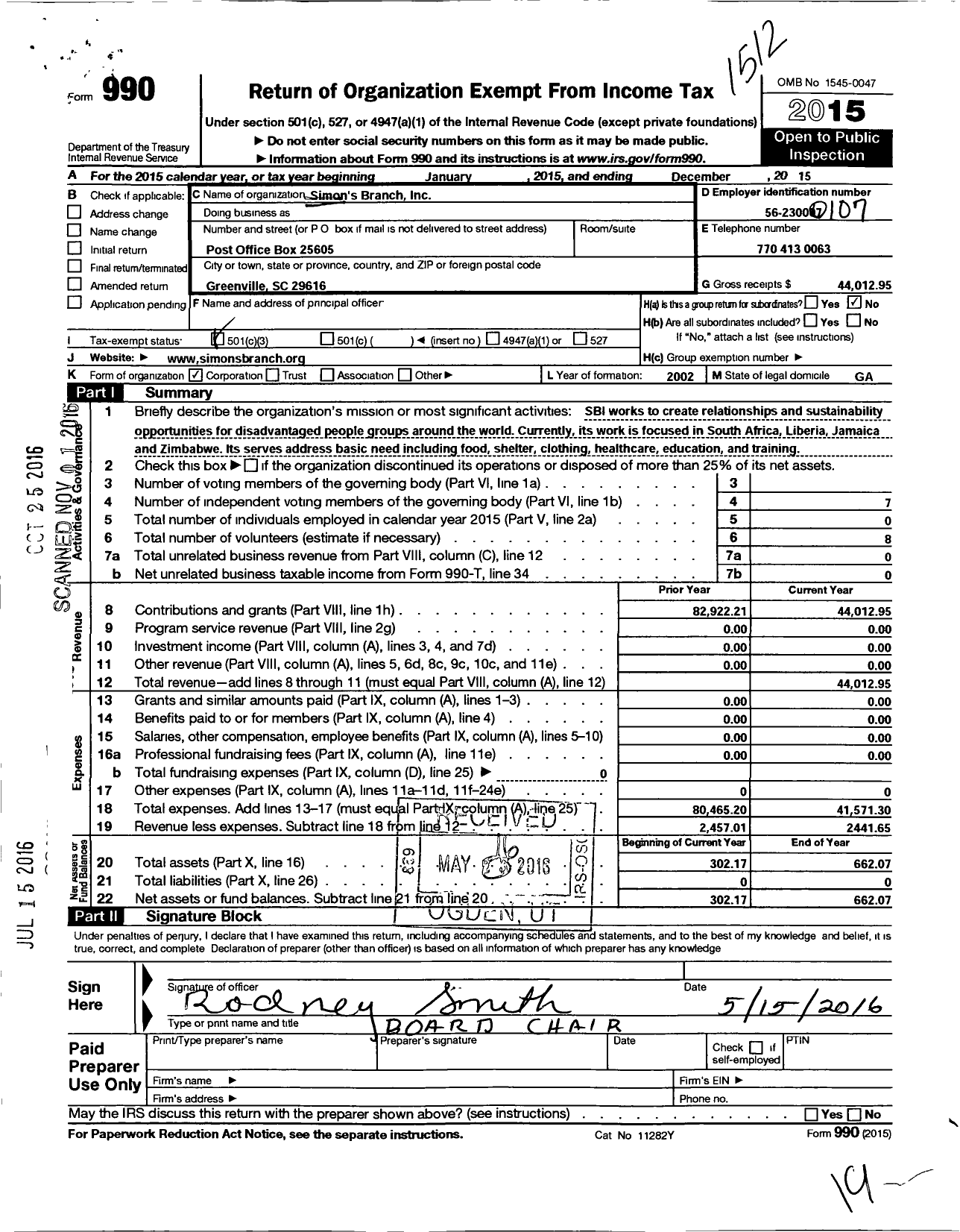 Image of first page of 2015 Form 990 for Simons Branch