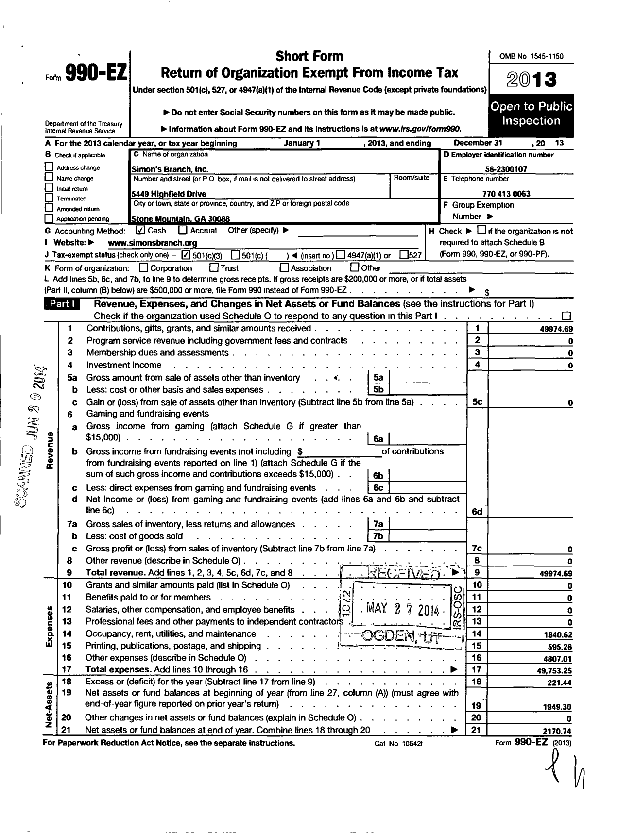 Image of first page of 2013 Form 990EZ for Simons Branch