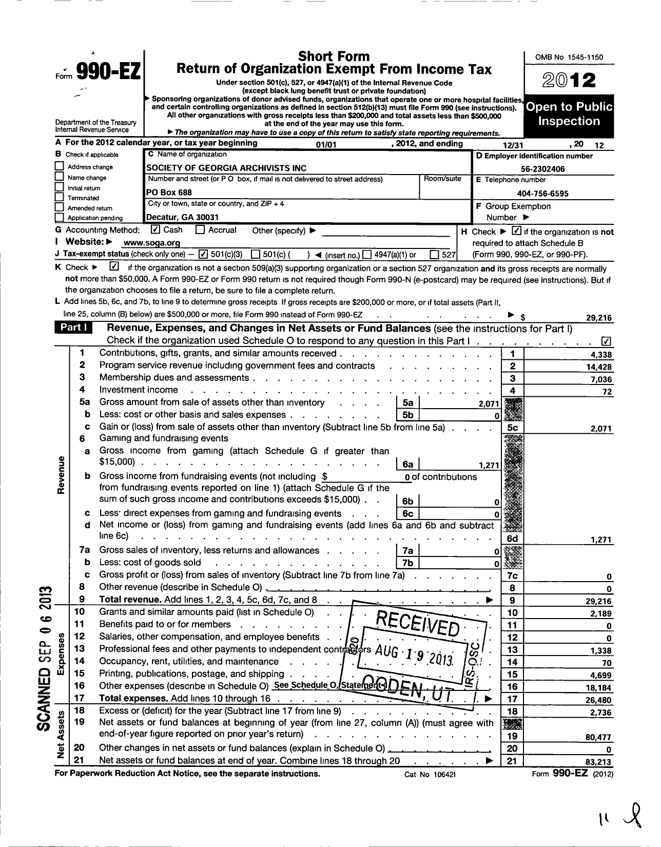 Image of first page of 2012 Form 990EZ for Society of Georgia Archivists