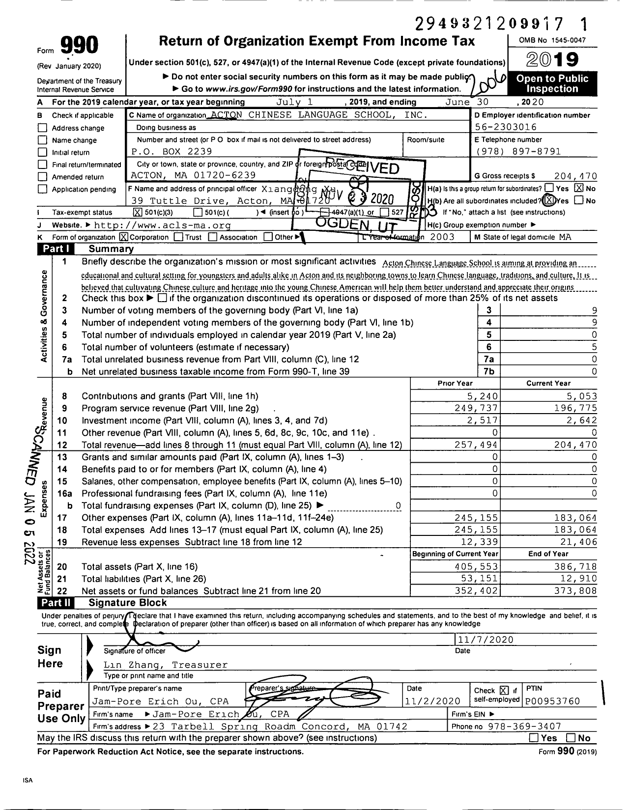 Image of first page of 2019 Form 990 for Acton Chinese Language School