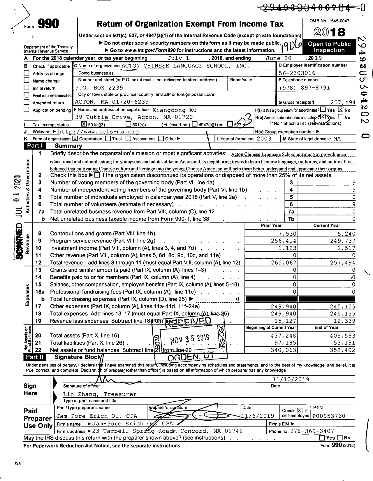 Image of first page of 2018 Form 990 for Acton Chinese Language School