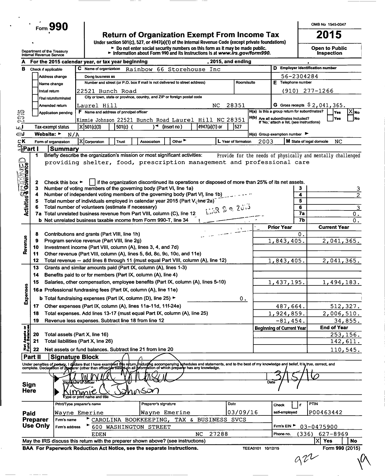 Image of first page of 2015 Form 990 for Rainbow 66 Storehouse Diversity with Destiny