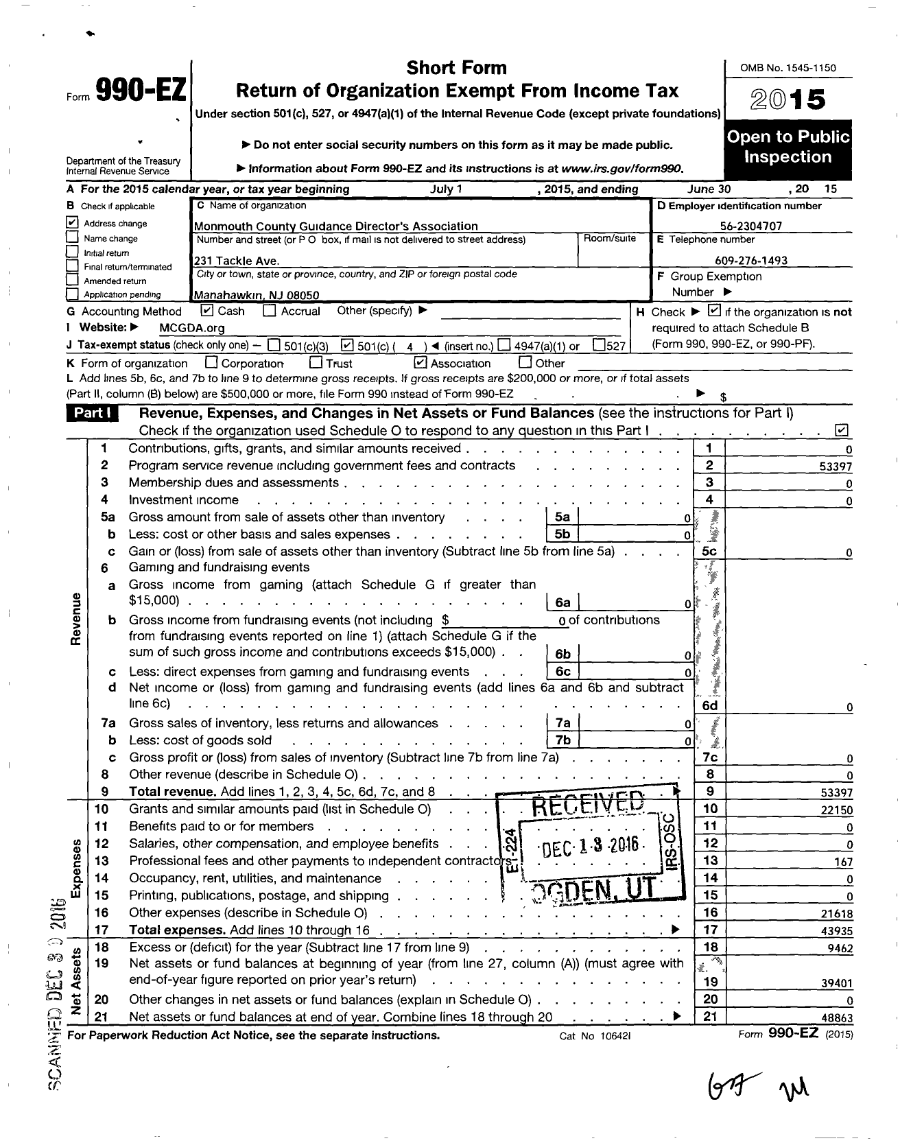 Image of first page of 2014 Form 990EO for Monmouth County Guidance Directors Association