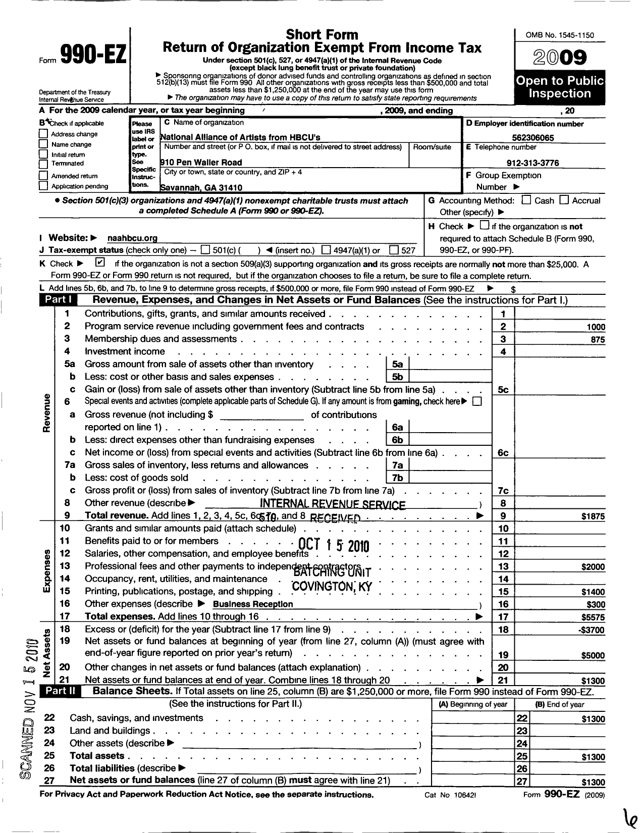 Image of first page of 2009 Form 990EO for National Alliance of Artists From Hbcus