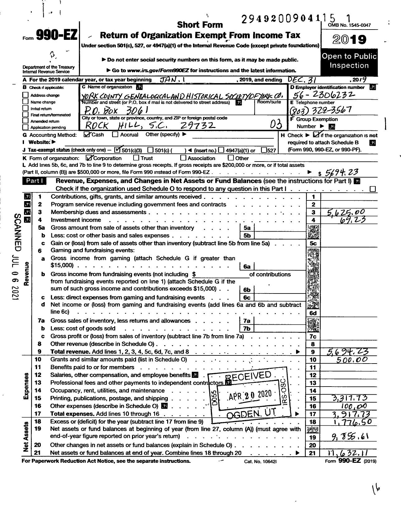 Image of first page of 2019 Form 990EZ for York County Genealogical and Historical Society