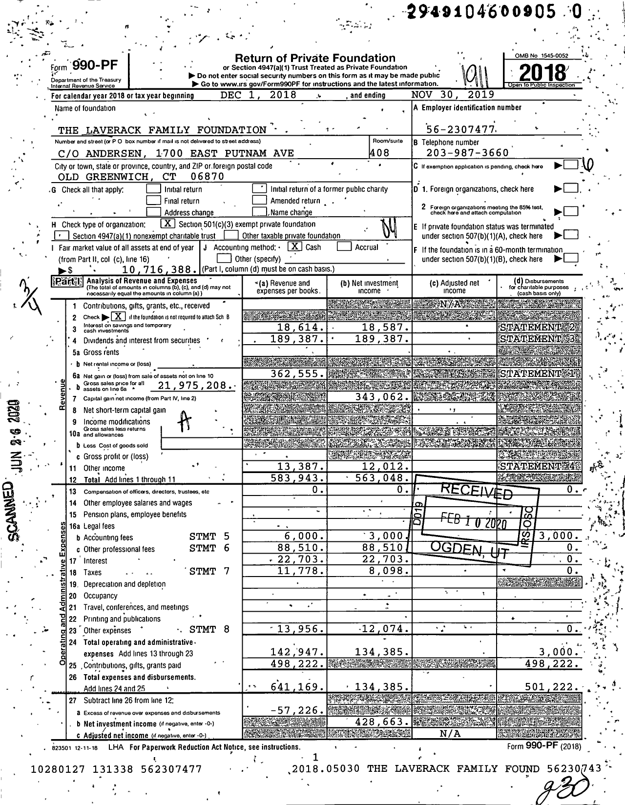 Image of first page of 2018 Form 990PR for The Laverack Family Foundation