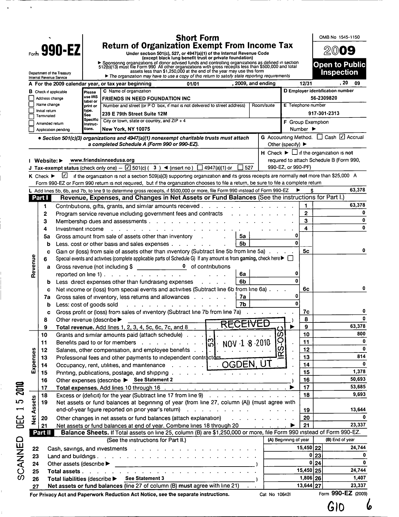 Image of first page of 2009 Form 990EZ for Friends in Need Foundation
