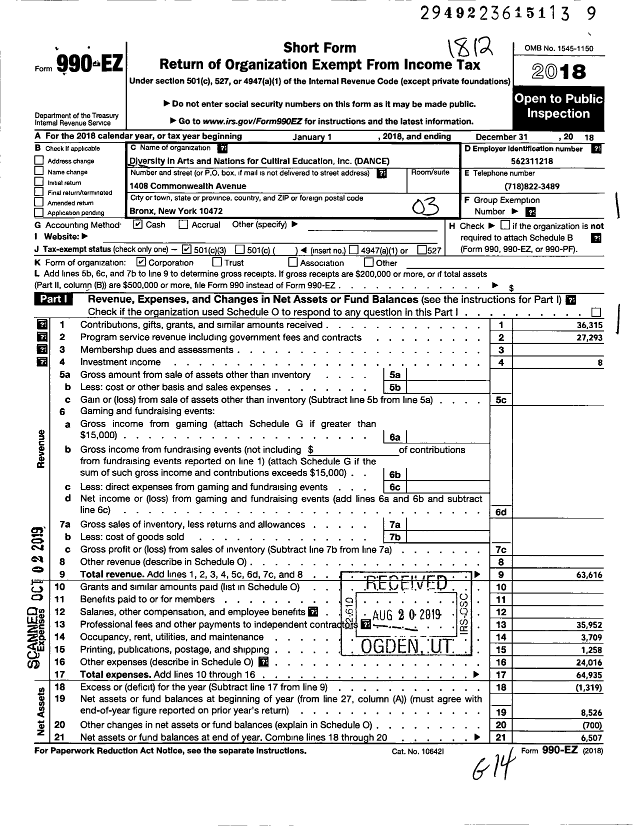 Image of first page of 2018 Form 990EZ for Diversity in Arts and Nations for Cultural Education