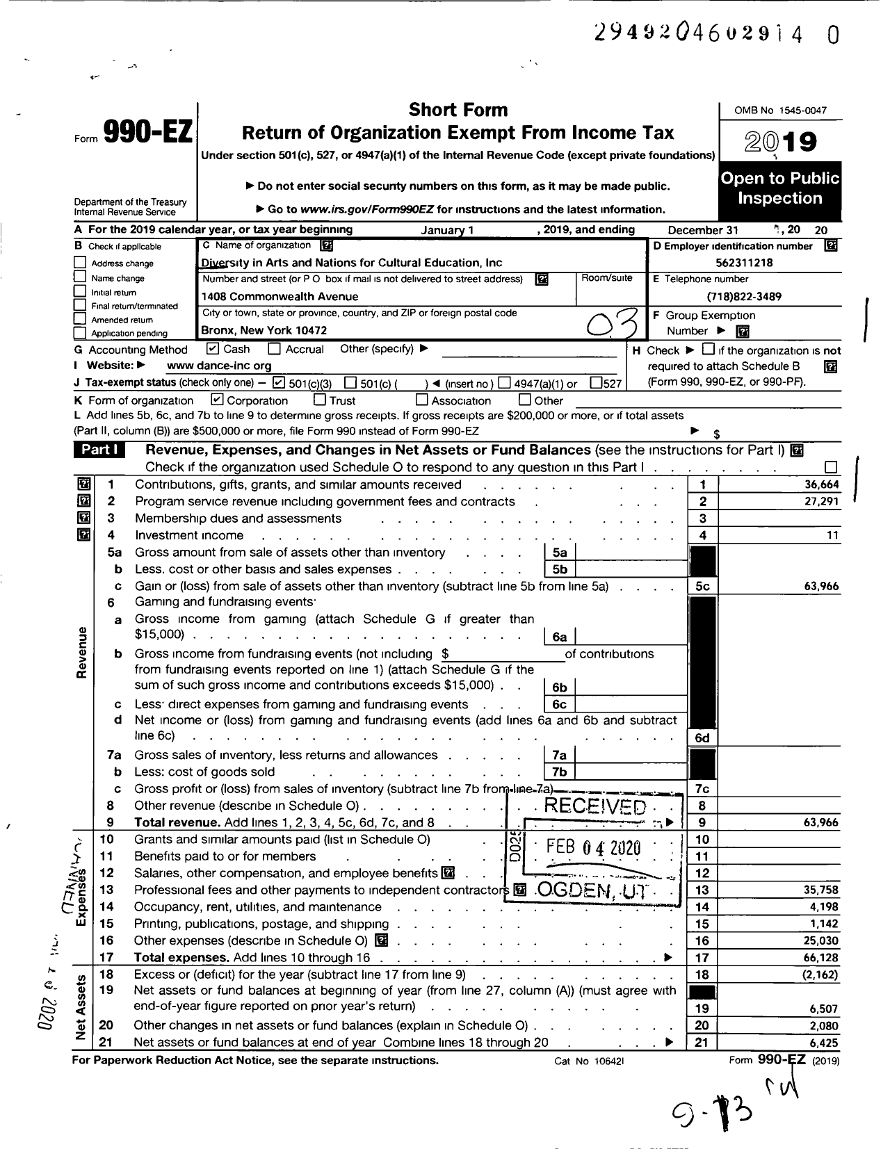 Image of first page of 2020 Form 990EZ for Diversity in Arts and Nations for Cultural Education