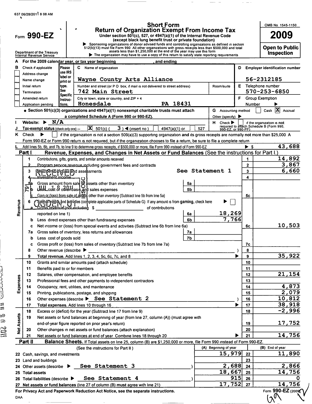 Image of first page of 2009 Form 990EZ for Wayne County Arts Alliance